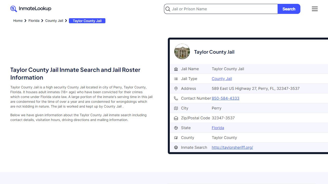 Taylor County Jail Inmate Search - Perry Florida - Inmate Lookup